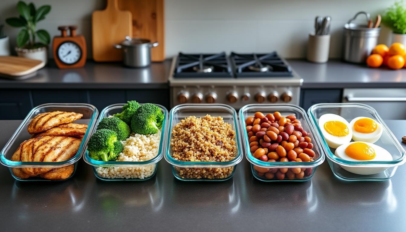 découvrez notre guide de batch cooking muscu pour préparer 5 repas protéinés en seulement 60 minutes, parfaits pour soutenir votre prise de muscle et gagner du temps en cuisine.
